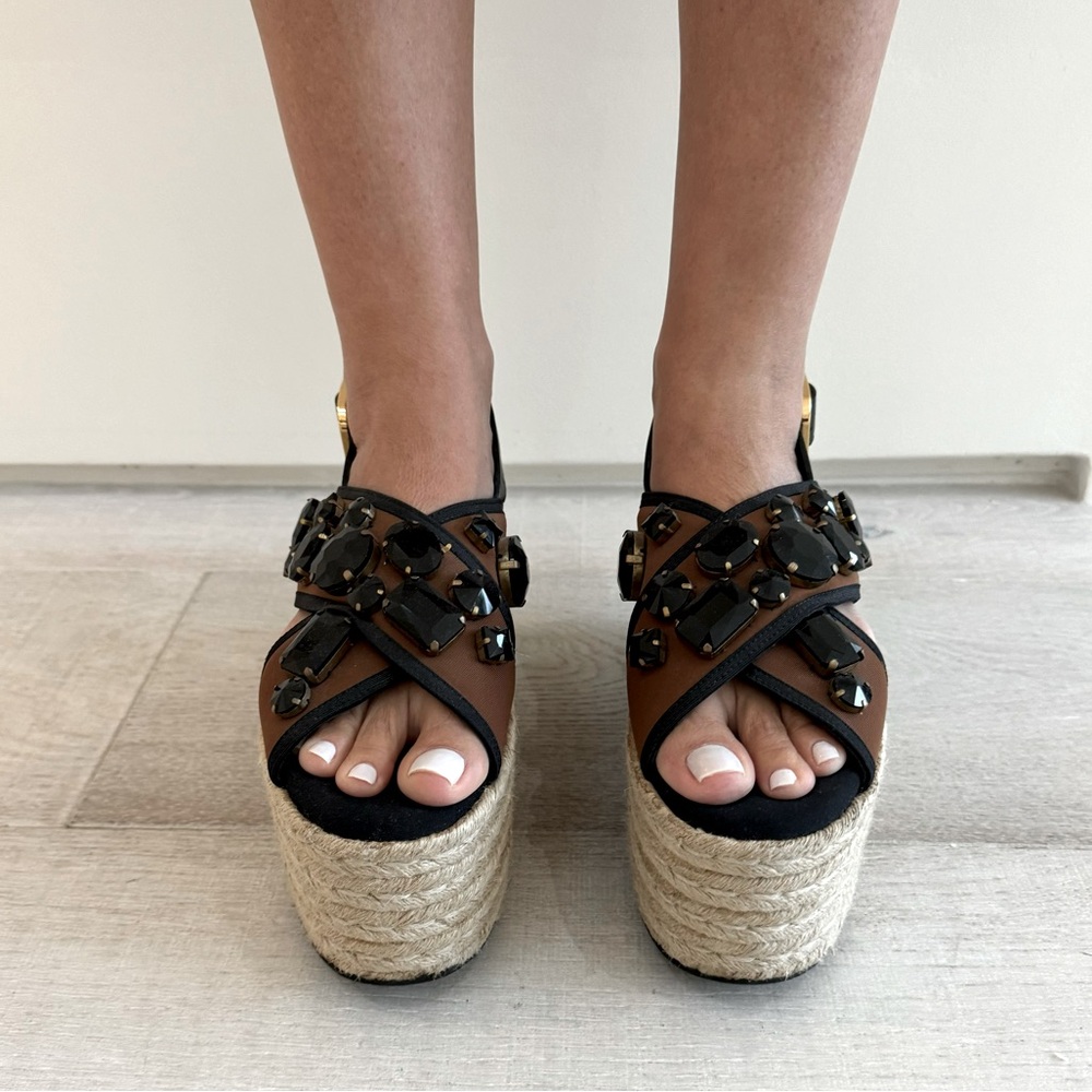 Marni Brown Leather & Black Jeweled Espadrille Platform Sandals